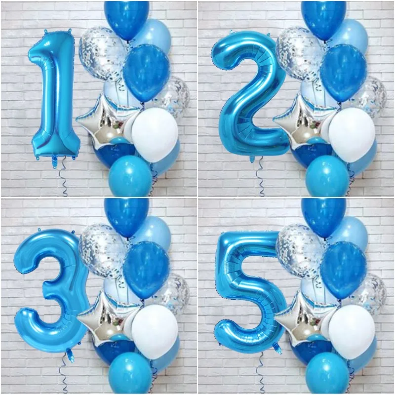 13pcs Número Foil Balões De Látex Azul Feliz Aniversário Decorações Do Partido Crianças Menino Príncipe Bebê 1 2 3 4 5 6 7 8 9 10 Anos 1st