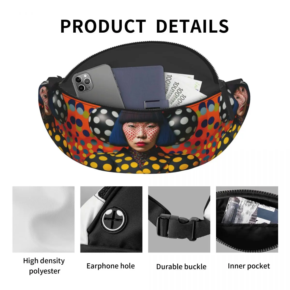 Yayoi Kusama Arte Abstrata Fanny Pack para Homens e Mulheres, Bolsa Cintura Crossbody para Camping, Bicicleta, Bolsa de Dinheiro para Telefone, Legal