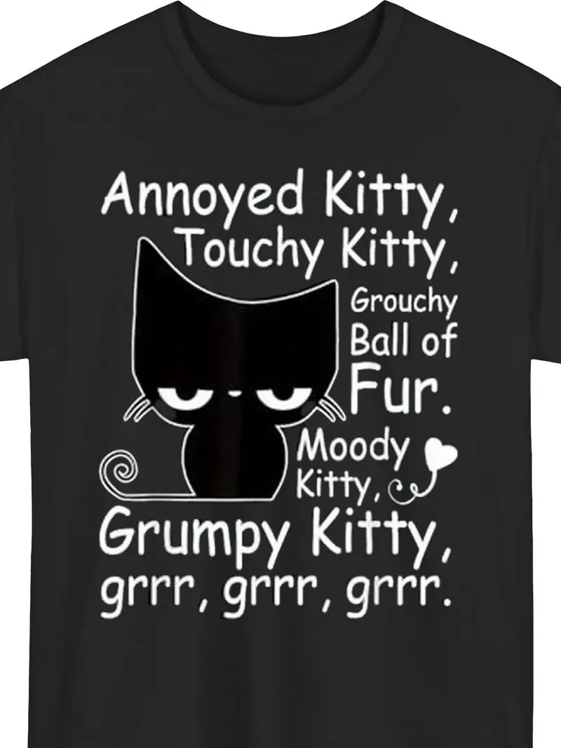 Men's Oversized 180Gsm Heavyweight T-Shirt With Annoyed Kitty Graphic Print, Breathable Crew Neck, Short Sleeve, Plus Size Tee