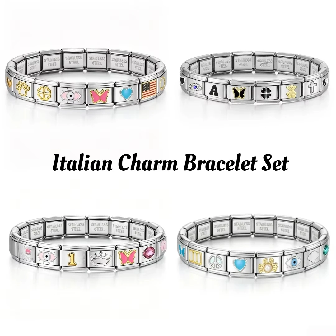 12pcs Italian Charm Bracelet with Basic Chain and Tool Set for Woman Men Party Gifts Classic Modular DIY Making Jewelry Pack
