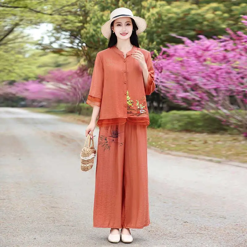 

Ele Embroidered Cotton Linen Wide Leg Pants Two Piece Set for Mom High End Faion plus Size Ethnic Sle Age Defng