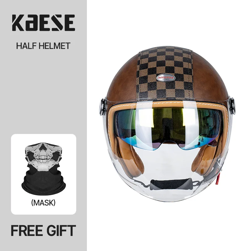 

Коричневый мотоциклетный шлем с открытым лицом 3/4 в клетку, влагоотводящие внутренние и регулируемые пряжки, подходящие для мужчин и женщин, поездок на работу