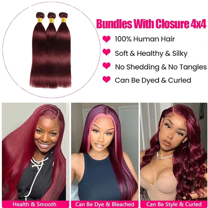 Wine Red 99J Straight Hair Bundles 16-30 inch Long Untreated Brazilian Virgin Hair Suitable For Black Women#99J