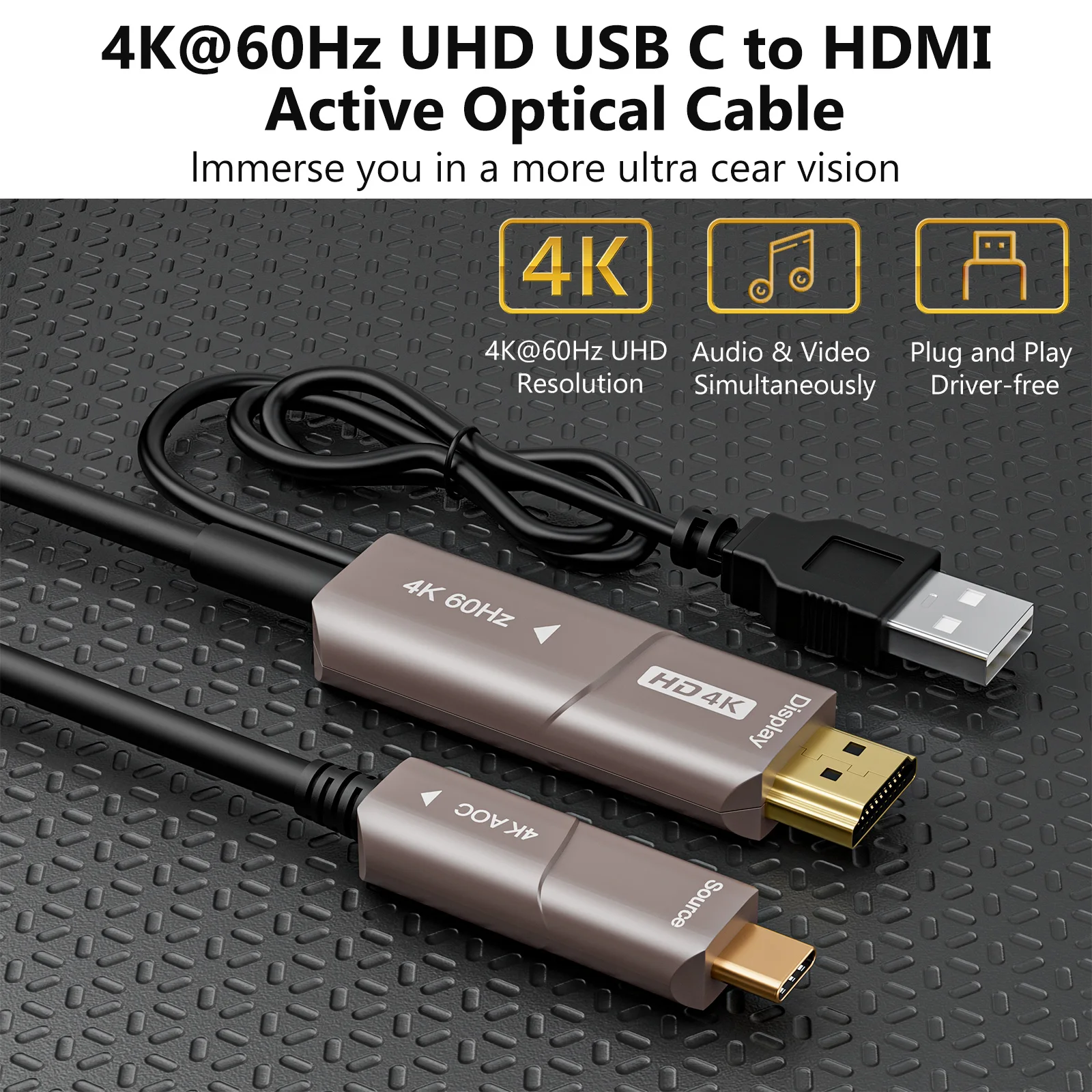 Kabel światłowodowy USB 3.1 typu C do HDMI 4K 3/4 kompatybilny z macbookiem Pro/Air