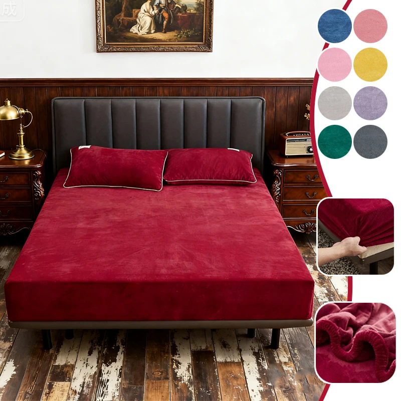 

Soft Velvet Fitted Sheet with Pillowcase Elastic Edges Non Slip Adjustable Winter Warm Mattress Cover for Single King Queen Bed