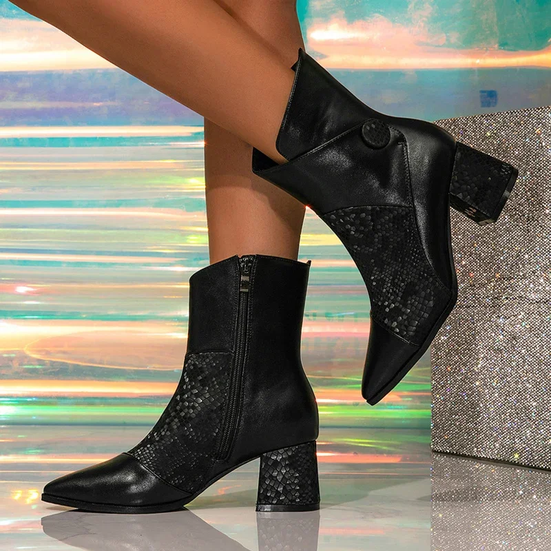 

Модные женские ботильоны на молнии с острым носком и принтом на массивном каблуке, черные удобные женские ботильоны «Челси» Botas Mujer