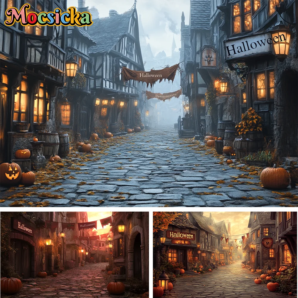 

Halloween Street Photography Backdrop Horror Castle Fall Pumpkin Holiday Decor Props Kids Birthday Portrait Background Photocall