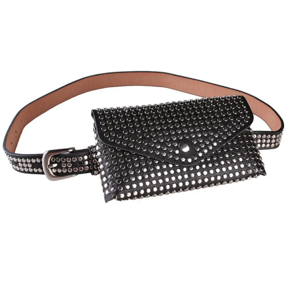 

New Rivet Belt Bag Black Women's Fine Belt Decoration Mobile Phone Bag Punk Style PU Leather Small Waistpack