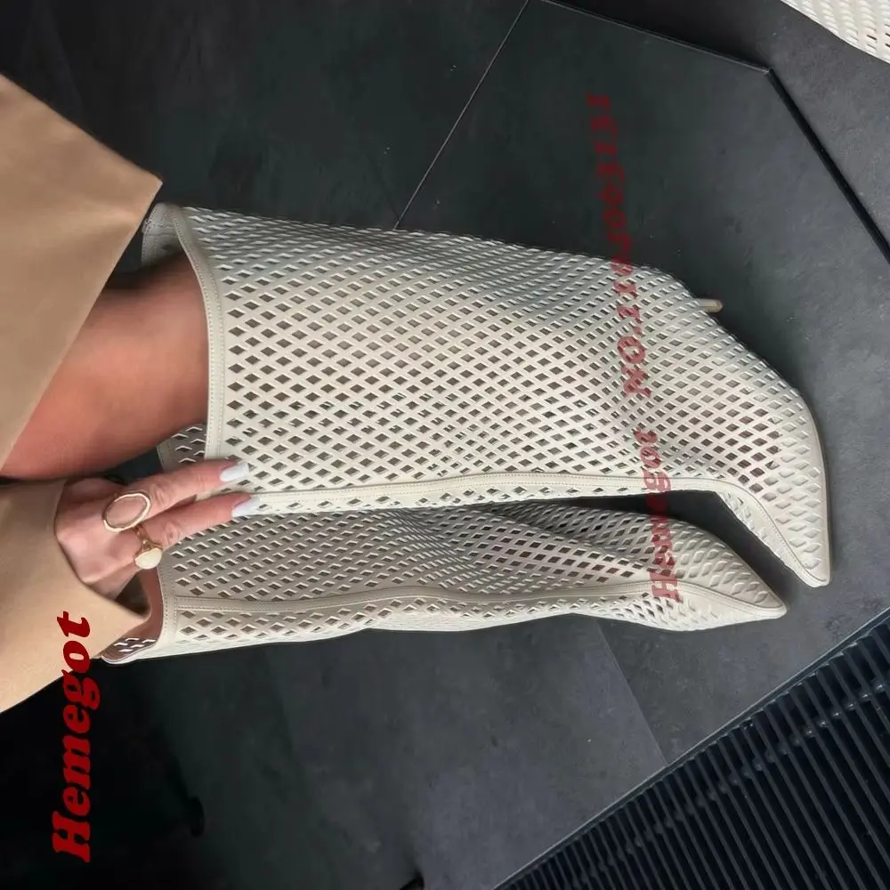 Pointy Toe Kitten Heels Women's Knee High Boots White Hollow Out Sandal Boots Patchwork Solid Color Slip On Mesh Shoes Elegant