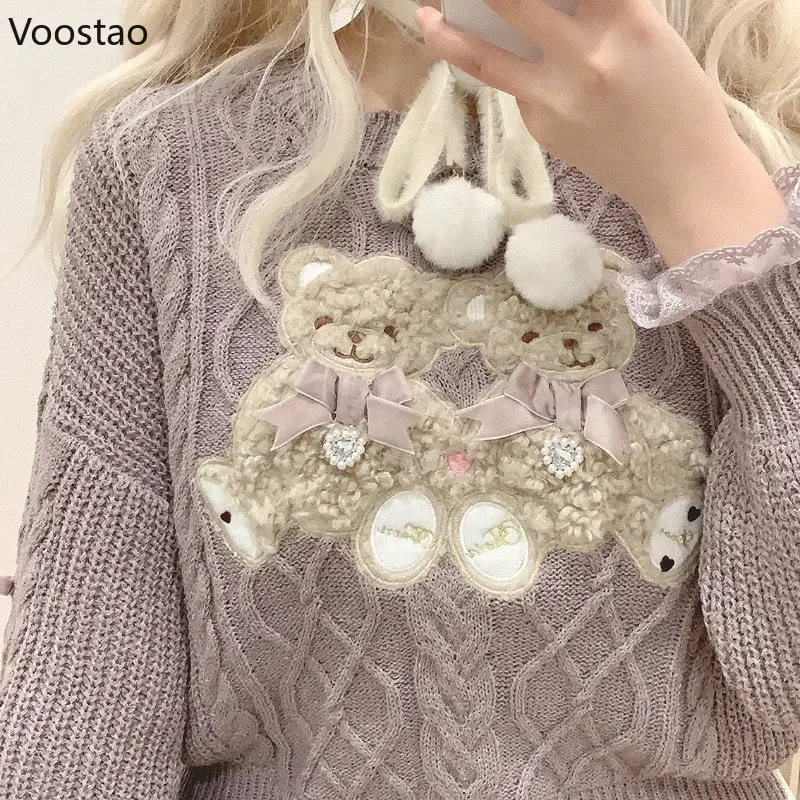 Vintage Sweet Lolita Style Knitted Pullover Girls Cute Plush Cartoon Bear Embroidery Bow Sweater Women Harajuku Knitwear Tops