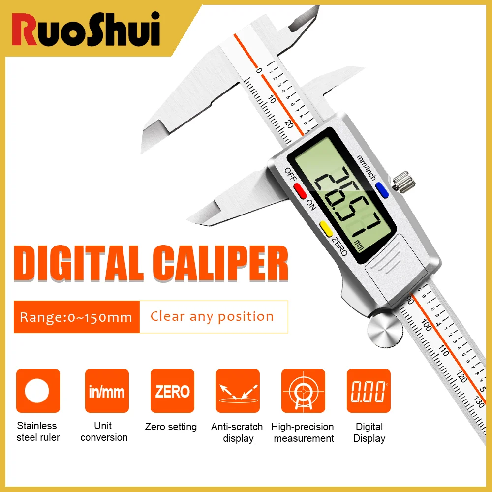 

RuoShui 5150S Digital Caliper 0-150mm Stainless Steel Ruler Anti-scratch Height Measuring Micrometer