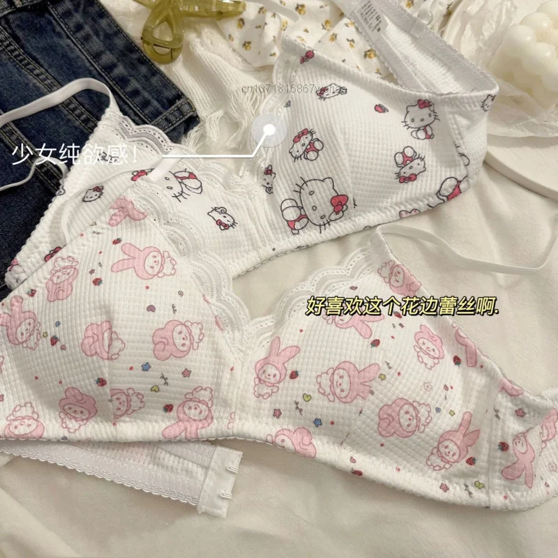 Sanrio Hello Kitty Melody damskie biustonosze i figi śliczna bielizna 2 sztuki komplety, bez stalowego podparcia trójkątnego kubka, słodka bielizna