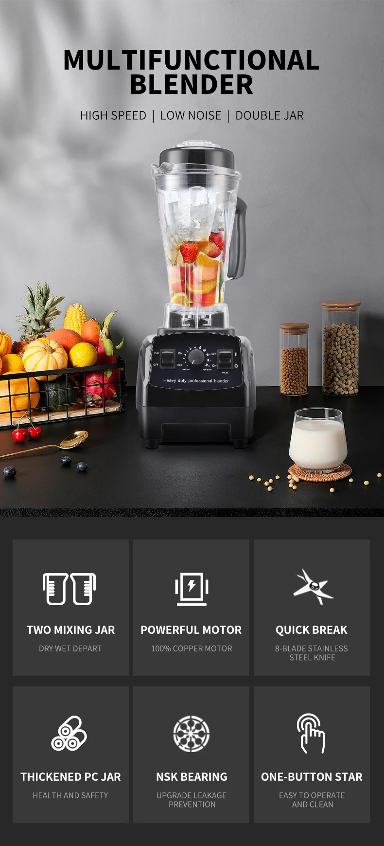 TULX Stainless Steel Knife 2 in 1 Commercial Blenderheavy  Blender Cooker Smoothie Mixer Food Blender