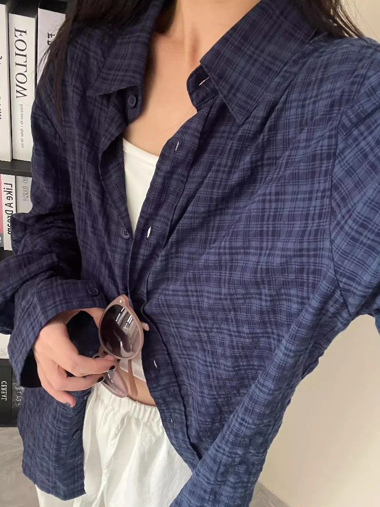 

Blue Plaid Loose Sle Men Women irt Coat 2025 New Summer Korean Version Lazy Sle Outerwear Casual Busin Collar