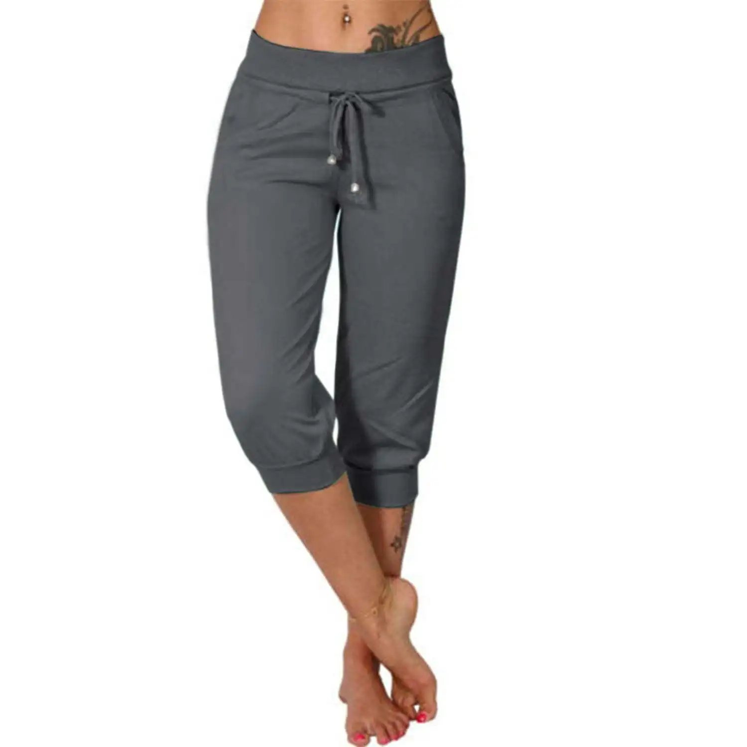 Women's Calf-Length Pants, Casual Trousers, Slim, Tight Version, Height Waist with Drawstring Pocket, Sweatpants