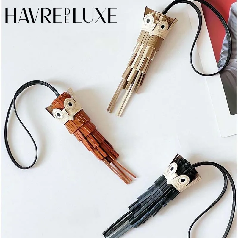 Coruja cosida a mano borla bolso encanto para mujer bolso colgante colgante cuero de vaca genuino pájaro muñeca bolsa Accesorios