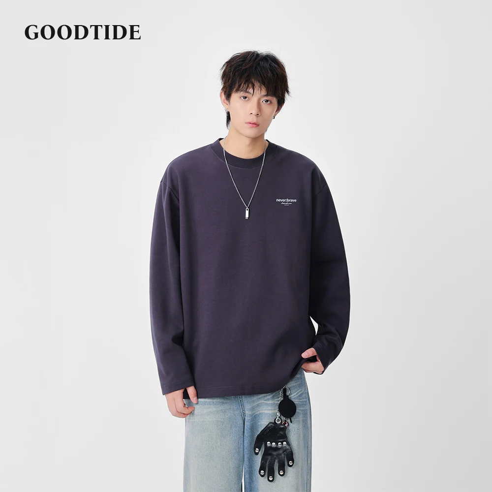 

Fashion Men's Casual Crew Neck Long Sleeve T Shirt 2025 Winter Minimalist Logo Detail Loose Fit Comfortable Daily Wear Top