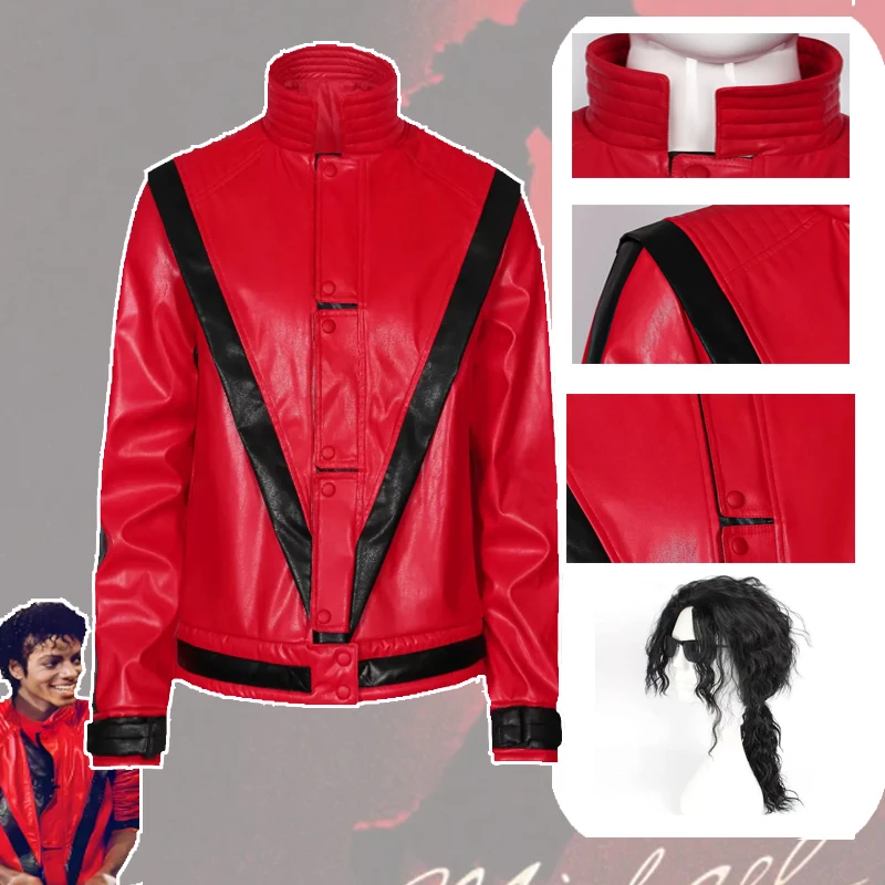 Michael Jackson Cosplay Costume Red Jacket Teenager Men's Top Wig Halloween Stage Performance Dance Wear Role-playing Outfit
