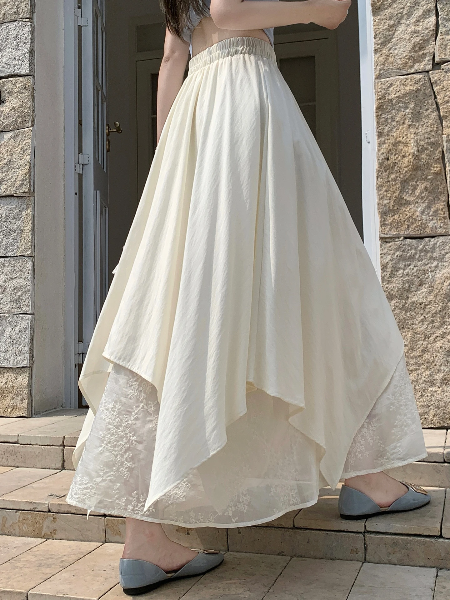 

Summer Style Embroidered Asymmetrical Hemline A-Line Maxi Skirt Women's Loose Fit Comfortable Polyester Fiber High Waist Casu...