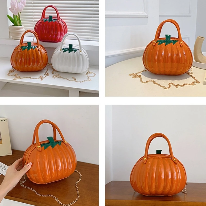 Stylish Halloween Pumpkin Crossbody Bag Women Solid Color PU Leather Chain Shoulder Bag Female Casual Shopping Dating Handbag