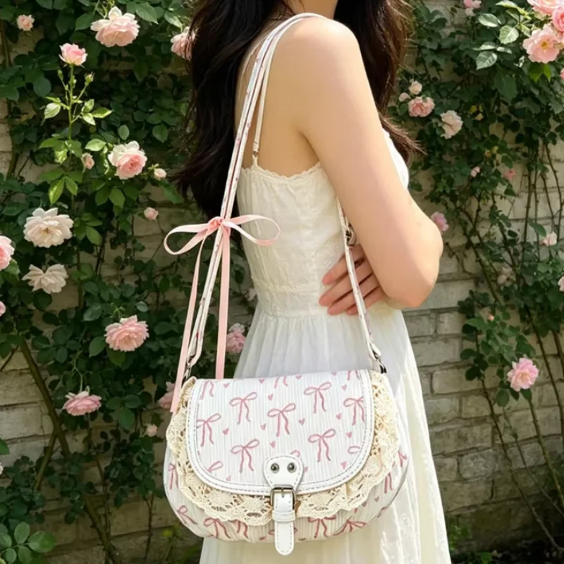 

Cute Bow Print Shoulder Bag Stylish Lace-trimmed Flap Messenger Bag Women's Pink Sweet Crossbody Bag Korean Underarm Bag