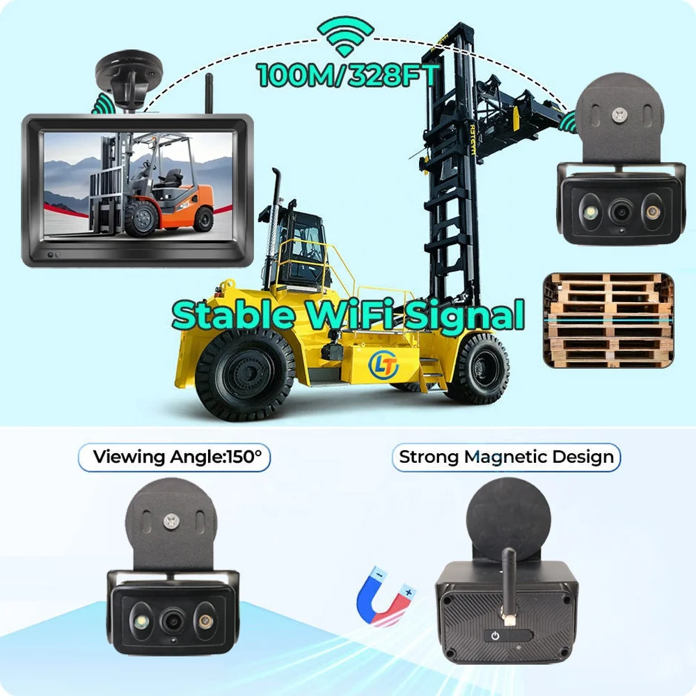 For Wireless 5 Inch Monitor Forklift Camera Front Laser Positioning Loop Recording 15000mAh Battery Rechargeable Magnetic Base