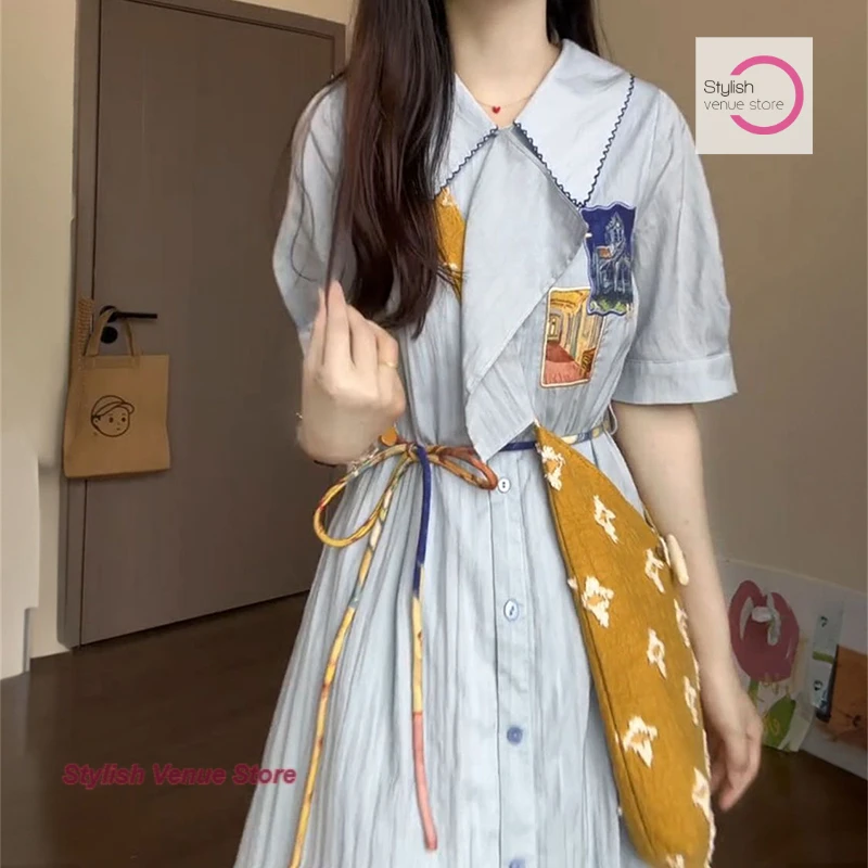 Pittura a inchiostro retrò letteraria francese Polo collo a vita alta abito blu gonna a camicia lunga stile college moda estiva da donna