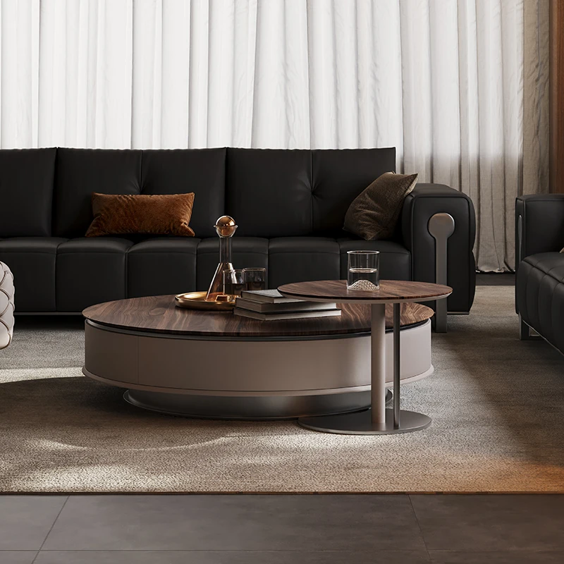 Italian solid wood coffee table, round high-end large and small apartment living room walnut light luxury high-end coffee tab 3