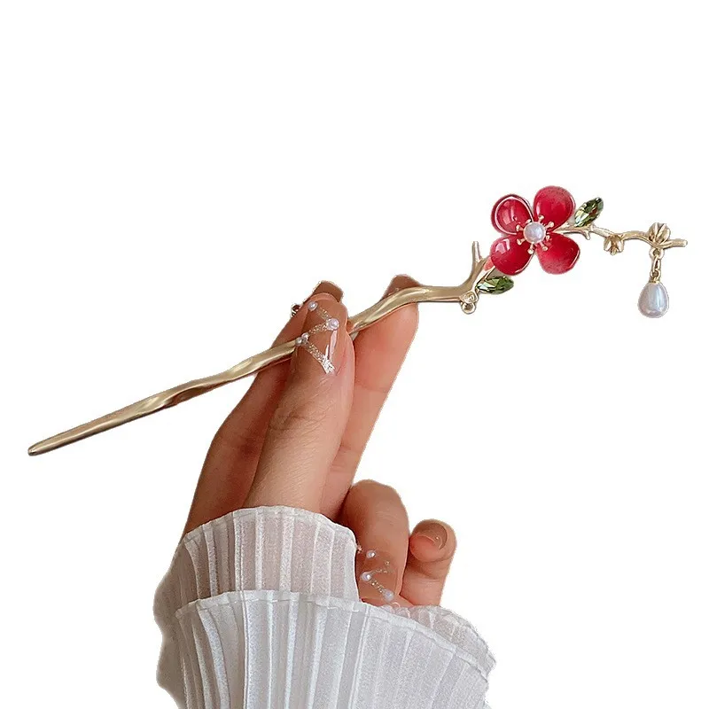 レトロ合金フラワーヘアピンロマンチックな中国風のタッセルヘアフォークエレガントな韓服ヘアアクセサリー日常着に適しています