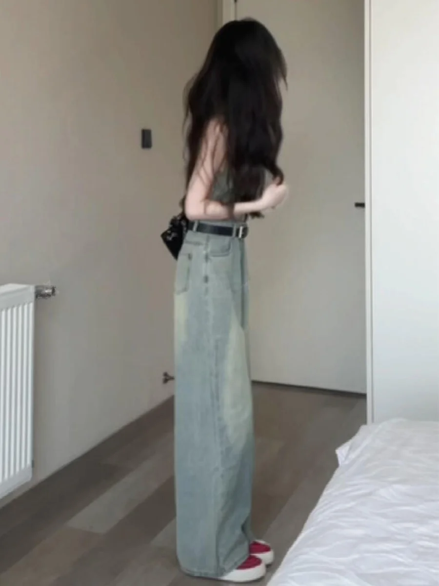 Retro Stylish High Waist Denim Jumpsuit Women's Summer New Style Neck Hanging Sleeveless  Collar No Belt Long Pants