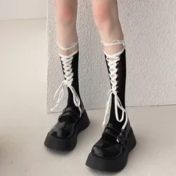 Sexy Lace Socks Lolita Sweet Cool JK Middle Tube Socks Women's Long Socks Lace Tie Up Cross Strap College Style Japanese Hosiery