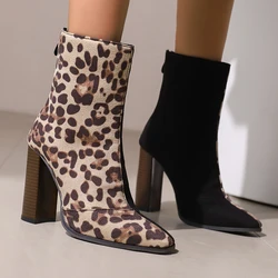 Spliced Leopard Print Fashion Women Ankle Boots Square Toe Patchwork Mix Color Blue Denim Jeans Zipper High Heels Party Shoes 47