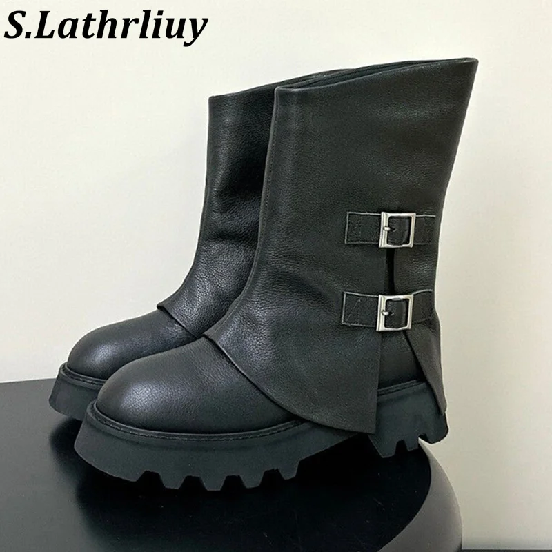 

Autumn Winter Round Toe Real Leather Short Boots Women Thick Soles Anti Slip Belt Buckle Design Ankle Botas Fashion Modern Boots