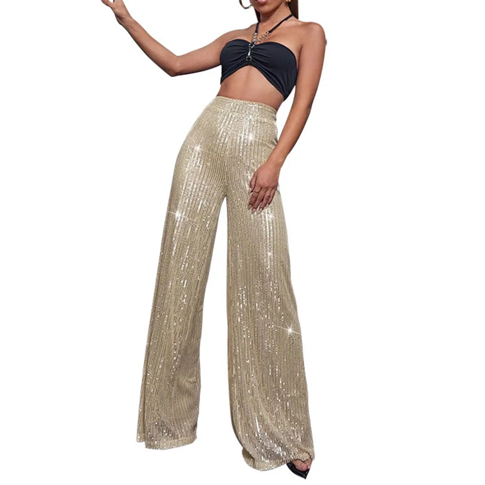 Women Wide Leg Pants Long Solid Bright Beaded Casual Trousers Loose Club Wear