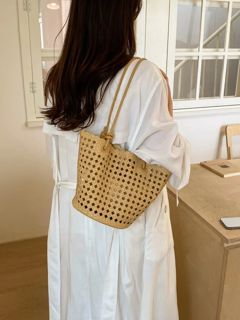 Women Hollow Grid Woven Bucket Bag Knotted Strap Shoulder Handbag Summer Boho Beach Tote Purse Casual Vacation Shopping Bag