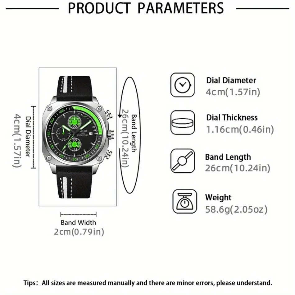NOTIONR Business Men's Fashion Black & Green Dial Quartz Calendar Watches, Luxury Mens Black & White PU Leather Wrist Watch