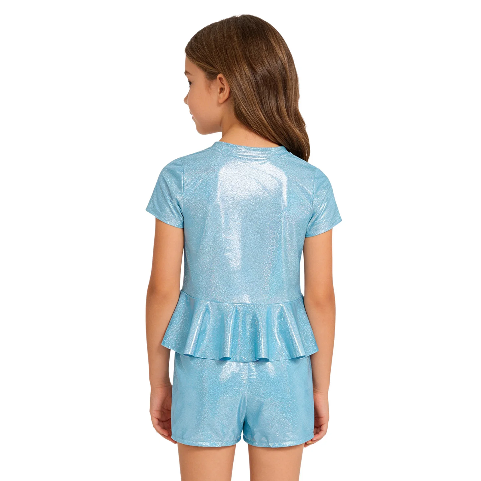 Kids Girls Metallic Shiny Jazz Dance Outfit Short Sleeve Peplum Tops with Athletic Shorts for Hip Hop Cheerleading Performance