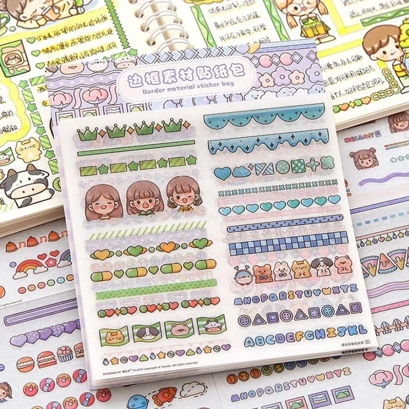 10 Sheets Cute Cartoon Border Stickers Kawaii Stationery DIY Scrapbooking Journal Planner Notebook Decorations Label Tag Sticker