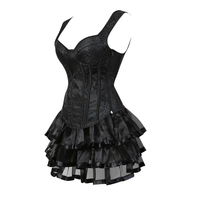 Gothic Sexy Shoulder Strap Corset Bustier Dress Overbust Corsets and Skirt Set Tutu Corselet Women Vintage Burlesque Costume