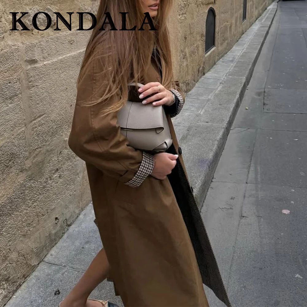 KONDALA 2025 Autumn Casual Woman Double-sided Reversible Trench Coat Plaid Single Breasted Fashion Pockets Vintage Mujer Trench