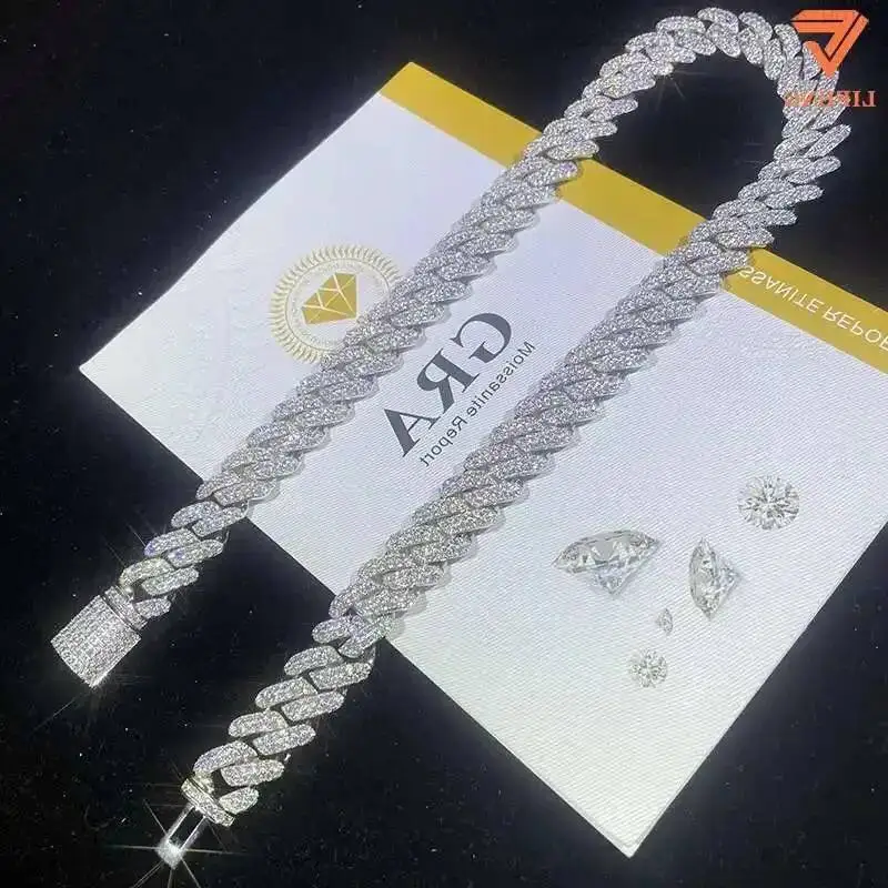 

14 мм модное ожерелье с муассанитом VVS, стерлинговое серебро 925 пробы, кубинская цепочка со льдом в стиле хип-хоп, золото, розовое золото, бриллиантовый жемчуг