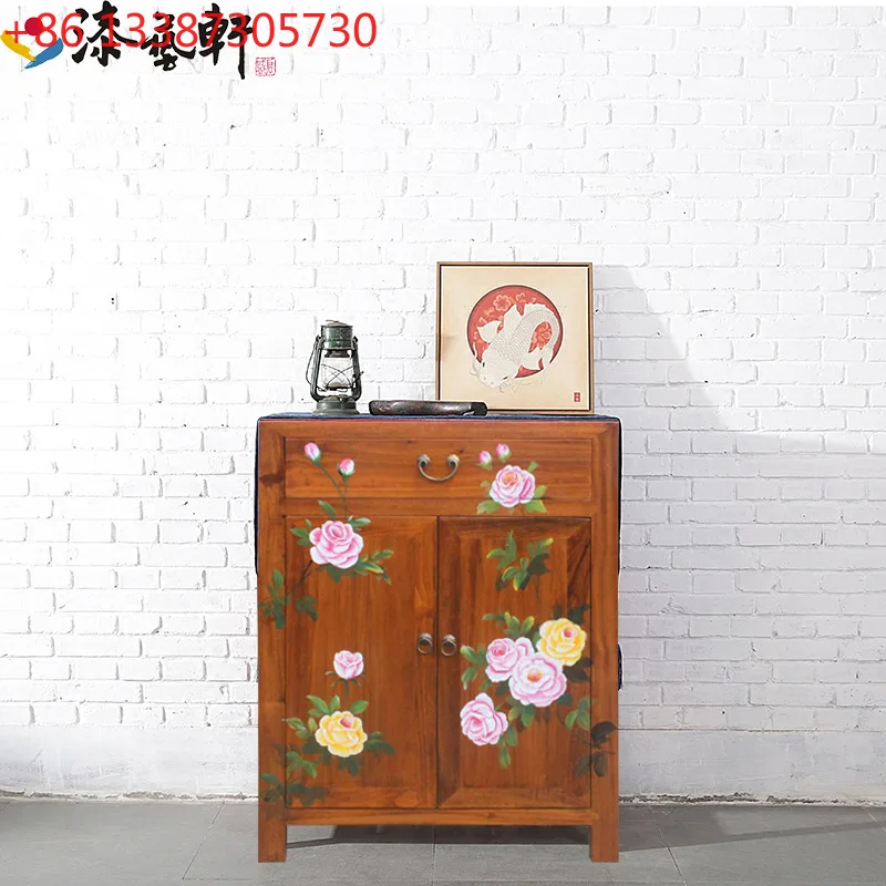 New Chinese-style painted camphor wood solid wood double door entrance sundries storage side cabinet