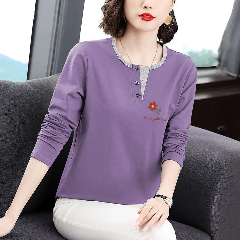Slimming Effect Pure Cotton Long Sleeve Women's T-shirt Loose Fit Base Shirt Versatile Age-Defying Top Casual Style Spring