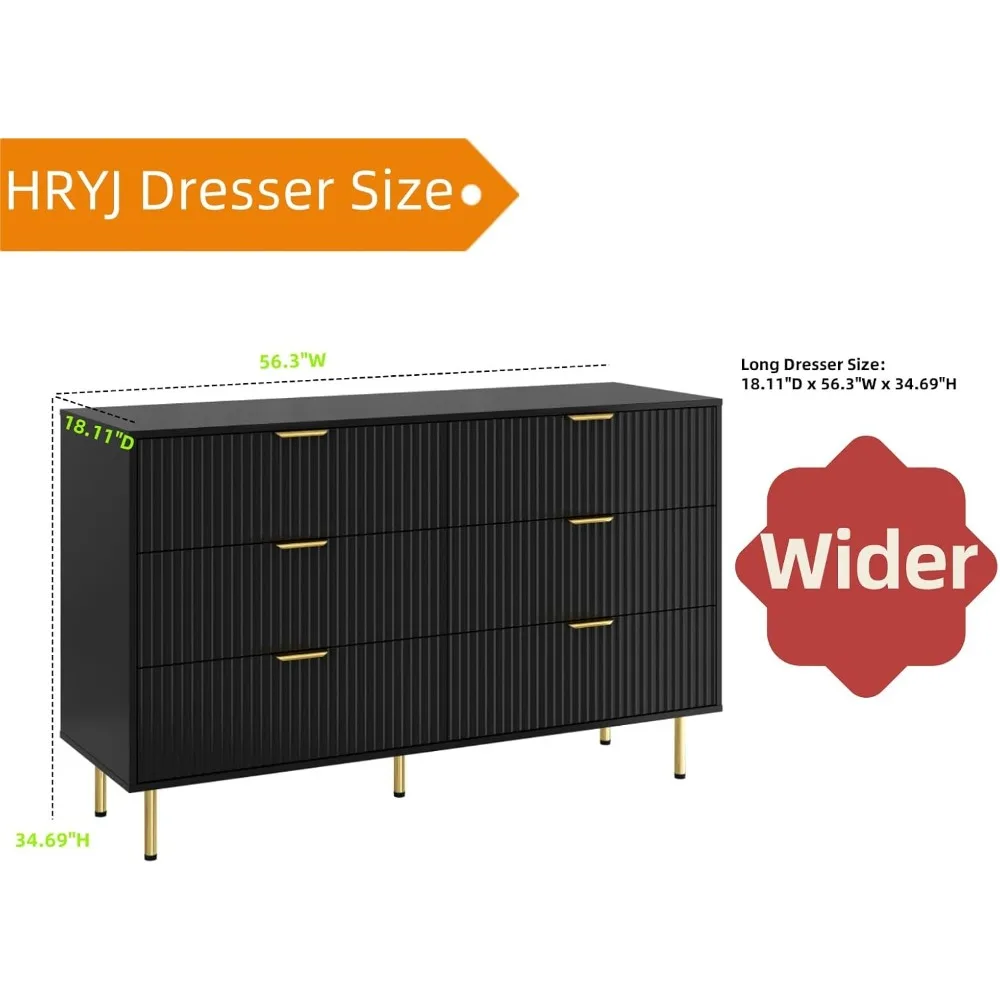 خزانة عريضة حديثة ذات 6 أدراج لغرفة النوم، منظم تخزين خشبي بتصميم مخدد