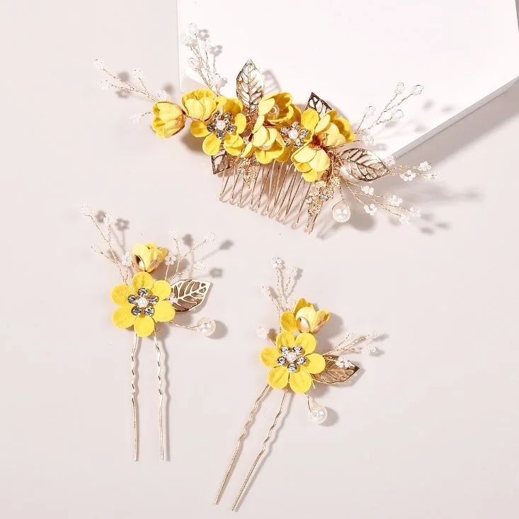 1 Set Yellow Pink Red Floral Bridal Leaf Flower Crystal Pearl Wedding Hair Combs For Pearl Women Bride Headdress Accessories