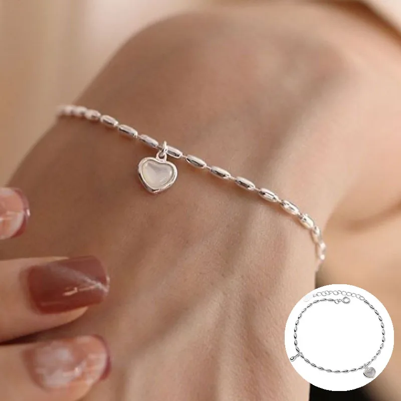 

100% 925 Sterling Silver Love Heart Bracelet for Women Girl Simple Geometric Rice Grains Design Jewelry Dropship Wholesale