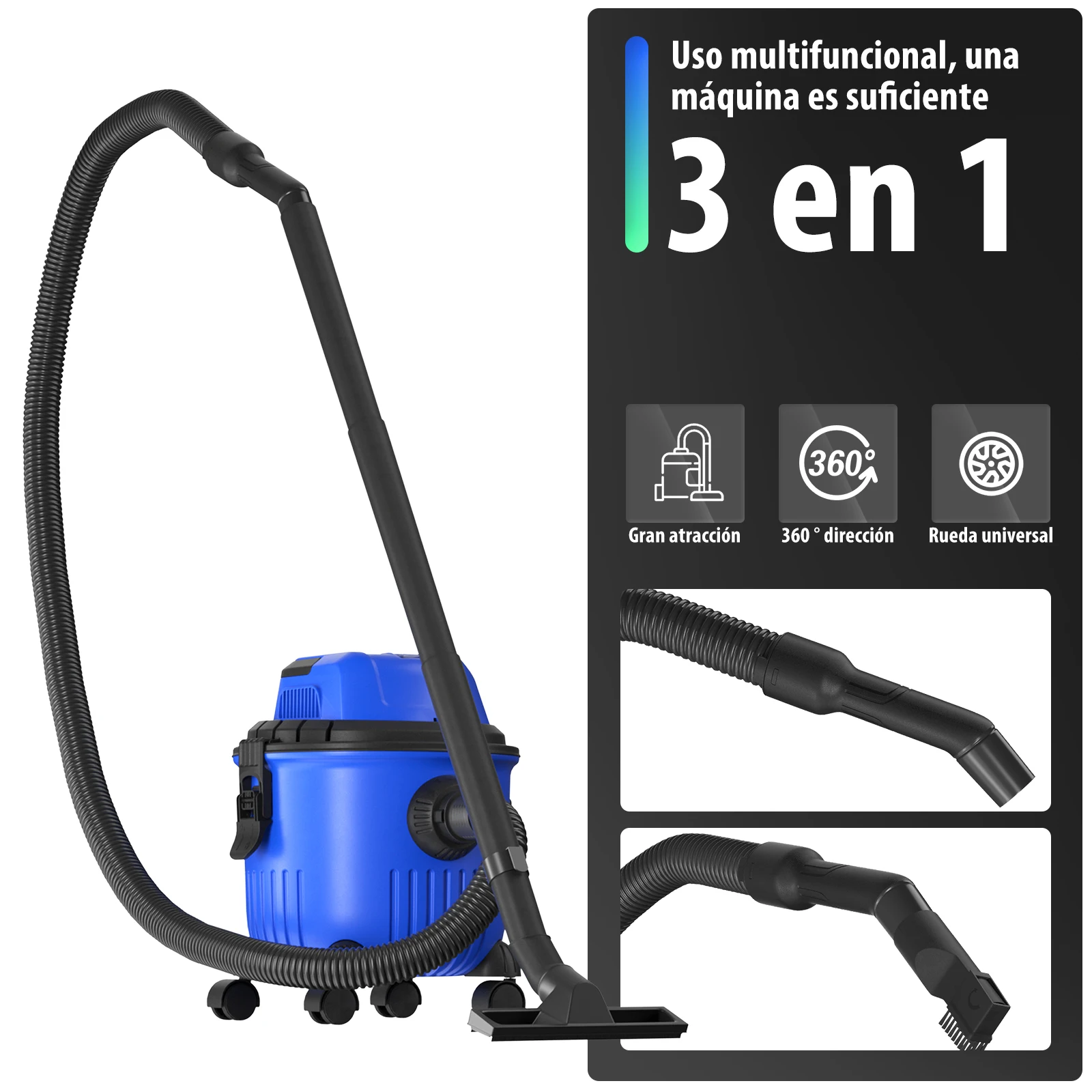 Aspiradora 3 en 1 para húmedo y seco, aspiradora industrial, función de soplado, contenedor de 15L, toma de corriente y filtros HEPA lavables, para el hogar, coche, alfombras y taller.
