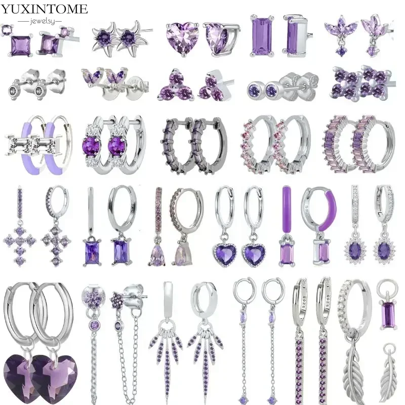 

925 Sterling Silver Needle Exquisite Purple Crystal Earrings Heart Hoop Earrings for Women Geometry Cross Pendant Trendy Jewelry