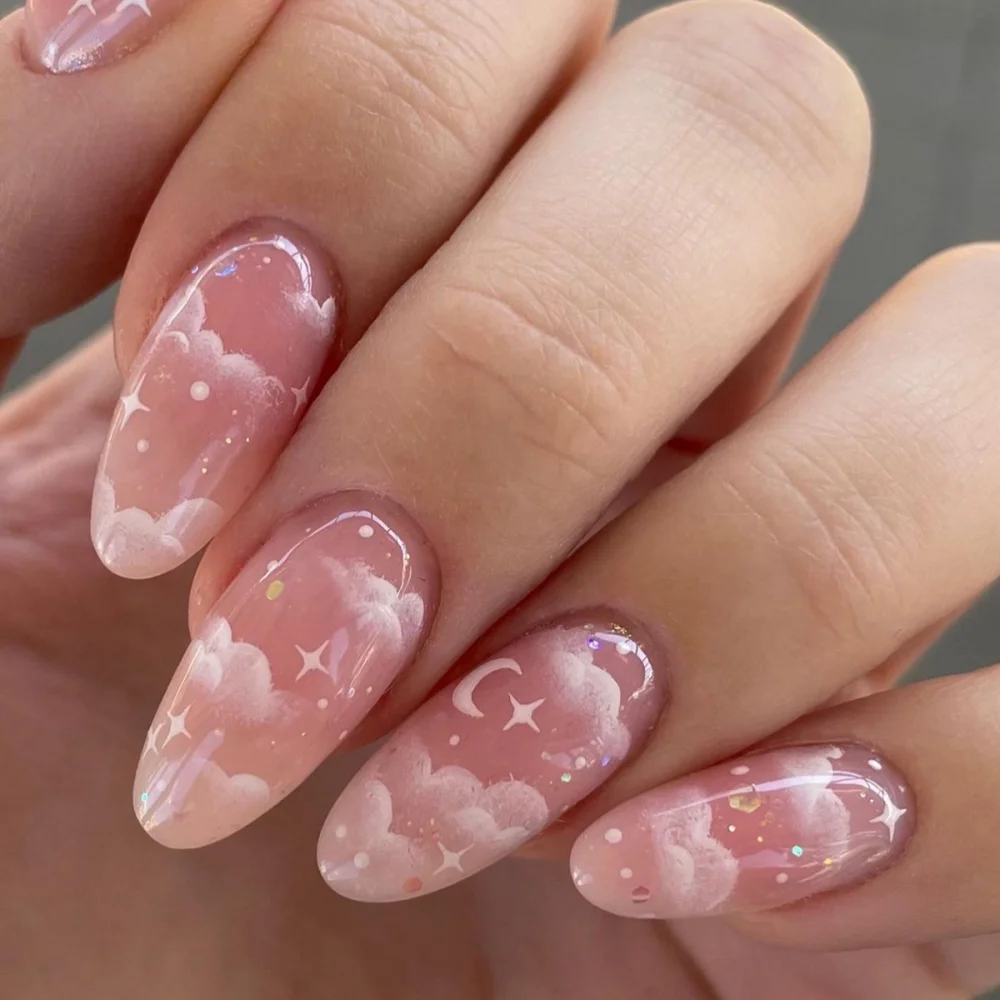 24 pçs design de flor unhas falsas gradiente rosa pó brilhante unhas falsas curto oval imprensa em unhas conjuntos moda cobertura completa dicas de unhas