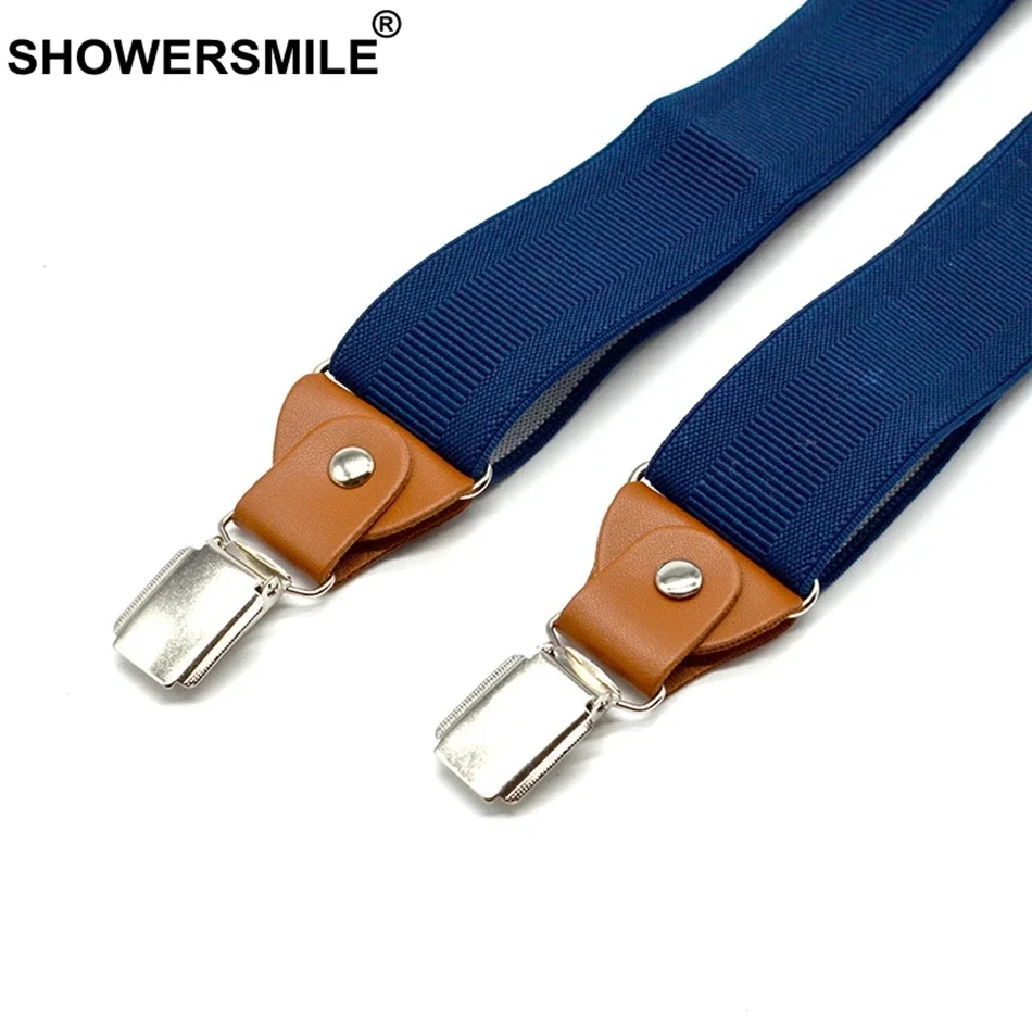 SHOWERSMILE Navy Suspenders for Pants 3 clips Mens Trouser Belt Elastic Adjustable Braces Adult Wide Strap 120cm Male Suspender